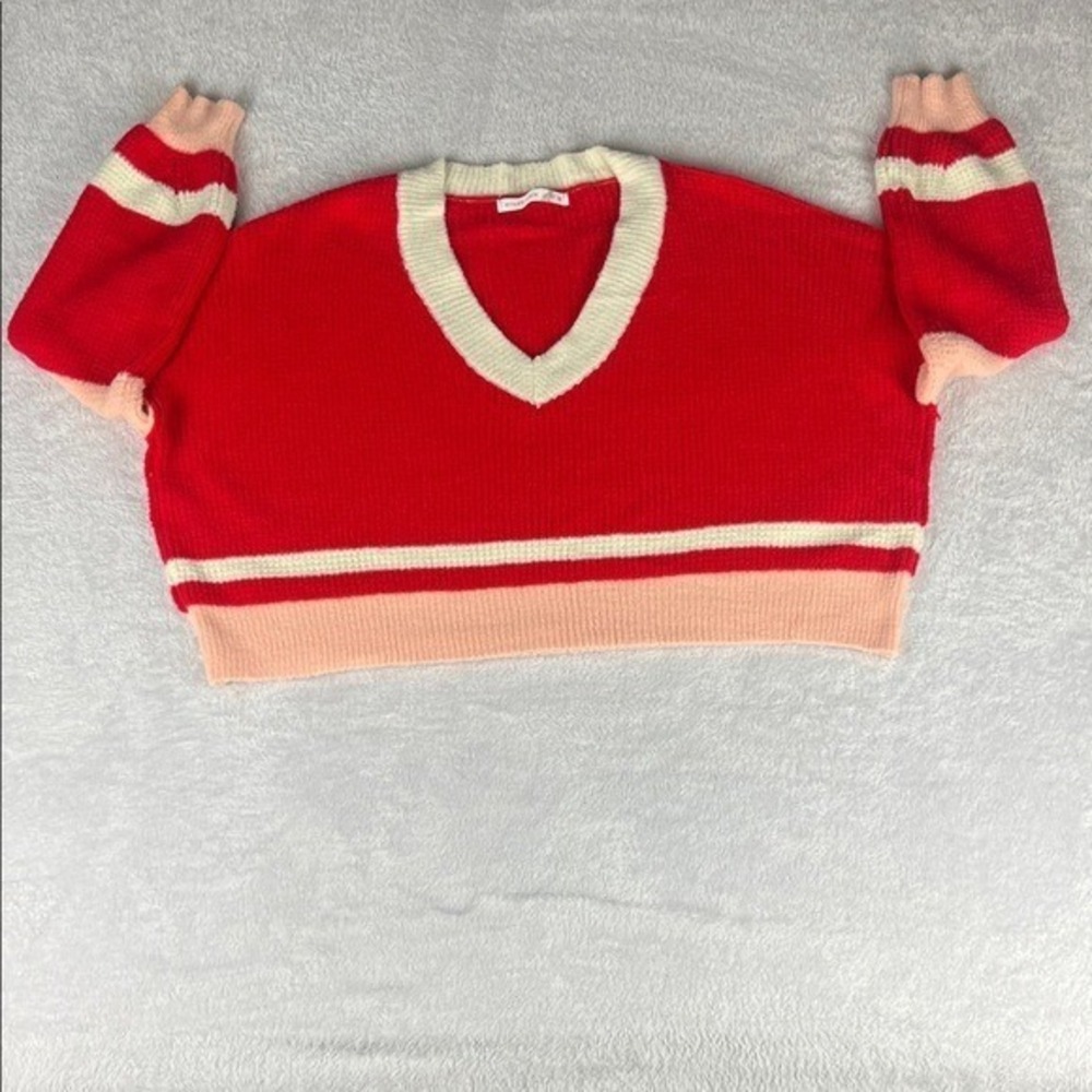 Altar'd State Cropped Sweater Women S Red V-Neck Knit Colorblock‎
